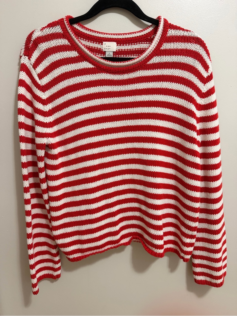A New Day Red White Striped 100% Cotton Crewneck Pullover Sweater Size Large
